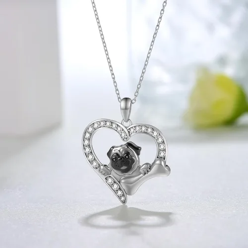 Vista 2 de Feijiesi Collar de carlino de plata de ley 925 con colgante de perro, lindo regalo de joyería de animales para mujeres, niñas, amantes