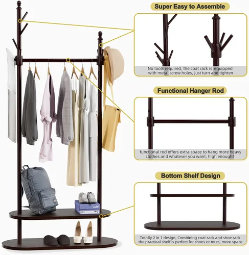 Vista 3 de Perchero de dos niveles independiente, fácil de montar, 8 ganchos, perchero de madera con almacenamiento para zapatos, árbol de abrigo resistente