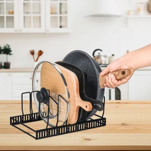 Vista 7 de Toplife Estante organizador de más de 7 tapas de olla + estante organizador resistente de 5 niveles para sartenes de hierro fundido, planchas y ollas