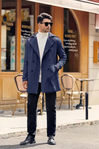 Vista 7 de Gafeng Gabardina de doble botonadura para hombre, solapa con muescas, casual, ajustado, largo cortavientos
