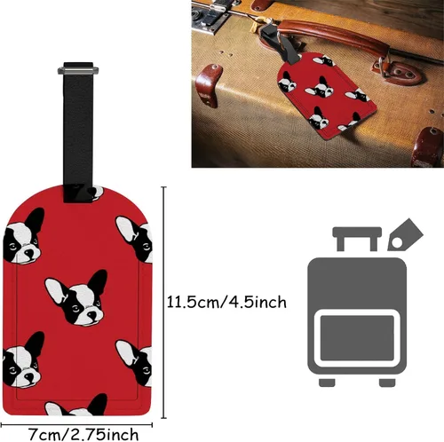 Vista 2 de Etiquetas para maleta de viaje, diseño de bulldog francés, fondo rojo, etiqueta de equipaje de piel sintética con etiqueta de identificación