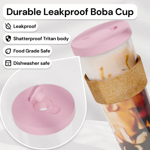 Vista 2 de Dodoko Vaso Boba reutilizable con pajilla, vaso para café helado y batido, de 24 onzas, rosa burbuja