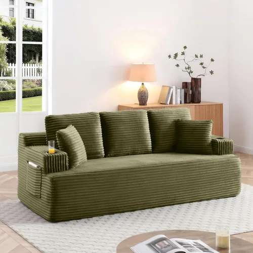 Vista 30 de Sofá sin hueso de 66.5 pulgadas con portavasos y bolsillos laterales, sofá biplaza tapizado de tela de pana moderna con 2 almohadas para sala