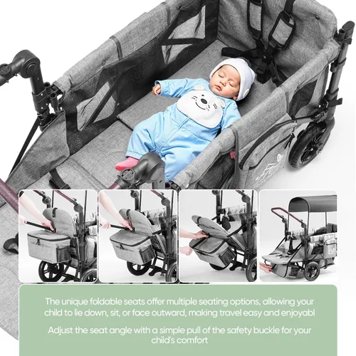 Vista 2 de Cochecito para 2 niños, carrito premium para niños con toldo extraíble, bandeja para snacks, cuna convertible para bebé, arnés de seguridad de 5 Gris