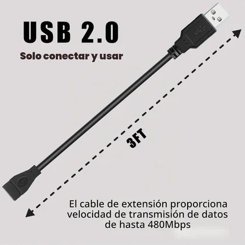 Vista 2 de Cable de extensión USB de 3 pies, paquete de 5 unidades, USB A 2.0 macho a hembra, para impresora, mouse, teclado, velocidad de transferencia de 480