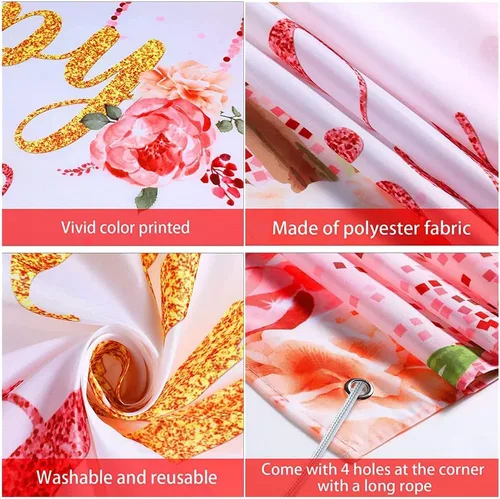 Vista 3 de Cartel floral de feliz cumpleaños para niñas y mujeres, suministros de decoración de fiesta de cumpleaños rosa y dorado, fondo de fotografía