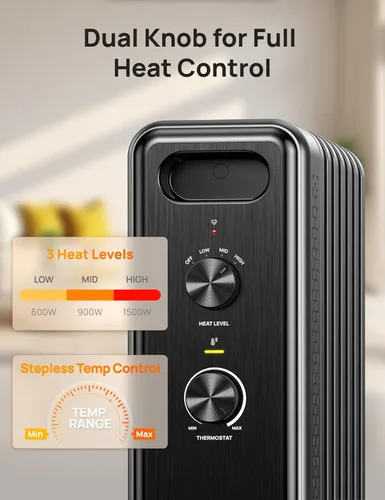 Vista 4 de Dreo Calentador de Radiador, Perillas Dobles, 8 Protecciones de Seguridad, Calentadores Eléctricos de Espacio de 1500W para Uso Interior Habitación