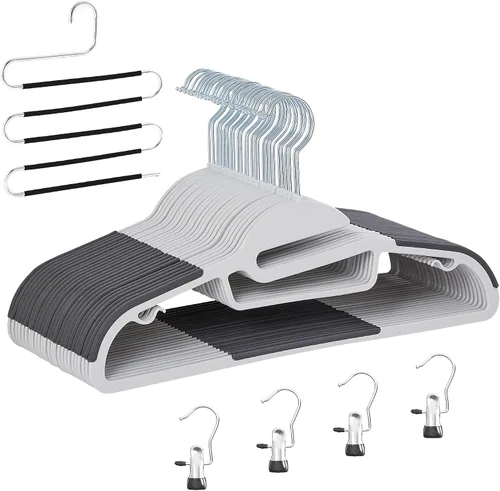 Vista 2 de VECELO Paquete de 25 perchas de plástico de alta calidad para trajes, antideslizantes, resistentes, apertura en forma de S, gancho giratorio