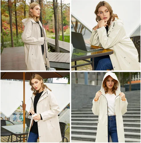 Vista 2 de UNIQUEBELLA Chubasqueros impermeables para mujer, impermeables, abrigos largos con capucha para lluvia, rompevientos, gabardina para exteriores