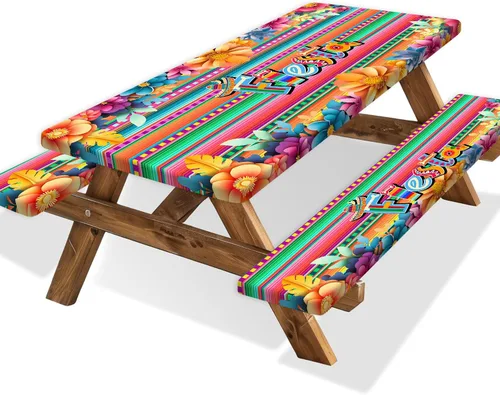 Vista 81 de Funda para Mesa de Picnic con Fundas para Bancos y Bolsa, Campista de Madera Impermeable Resistente al Viento, Cubierta de Mantel Ajustada con Borde