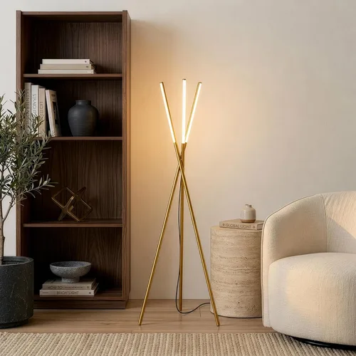 Vista 5 de Brightech Stix - Lámpara de pie LED con trípode para sala de estar, lámpara de pie moderna regulable, con 3 luces para dormitorio, iluminación Latón