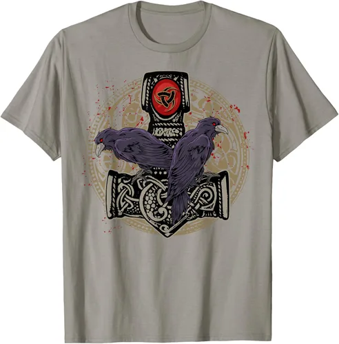 Vista 30 de Thors Hammer Mjolnir Huginn and Muninn Odin Raven - Camiseta, Negro, S