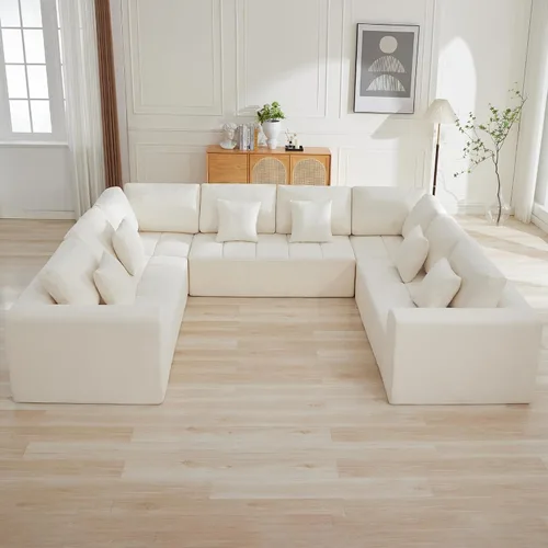 Vista 34 de Sofás seccionales modulares de 110 pulgadas para sala de estar, sofá seccional comprimido sin hueso, sofá de espuma viscoelástica tapizado de 3 Beige