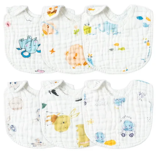 Vista 16 de Zainpe 6 piezas de baberos de algodón de muselina con broches para bebé con patrón de conejo, oso, oveja, pañuelos para babero suaves, absorbentes