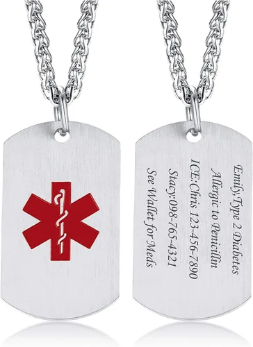 Vista 17 de VNOX Collar con colgante personalizado de acero inoxidable con grabado personalizado para identificación de alerta médica de emergencia para hombres