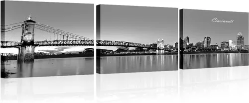 Vista 28 de TUMOVO 3 piezas de arte de pared en lienzo con diseño de horizonte de Atlanta, arte de pared panorámico de paisaje urbano en blanco y negro