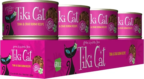 Vista 2 de Tiki Cat - paquete de 8, lata de 6 onzas, atún Lanai Luau en consomé de surimi de cangrejo Wet Cat Food, High Protein, Real Flaked Tuna and Crab