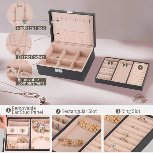 Vista 4 de Joyero de terciopelo de viaje con espejo, mini estuche de regalo para mujeres y niñas, pequeñas cajas organizadoras portátiles para anillos, aretes