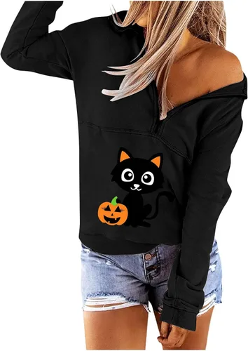 Vista 6 de Sudaderas de Halloween para mujer sudadera de manga larga casual con cordón
