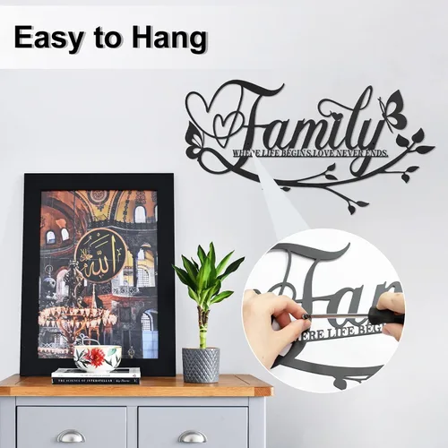 Vista 6 de AUHOKY Letrero de metal con texto en inglés «Family Where Life Begins Love Never Ends» («Family Where Life Begins Love Never Ends») para decoración