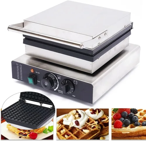 Vista 9 de Máquina de gofres antiadherente, 2000 W, de acero inoxidable, rectangular, belga con control de temperatura y tiempo, para restaurante, panadería