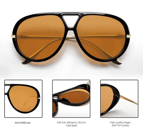 Vista 4 de Lentes de sol estilo aviador retro dorados para mujeres y hombres, 2025 de metal de gran tamaño de los años 70, gafas de sol negras