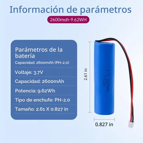 Vista 2 de Batería recargable de iones de litio de 3.7 V 2600 mAh, conector PH2.0 de 2 pines, batería de repuesto para electrónica de bricolaje, juguetes