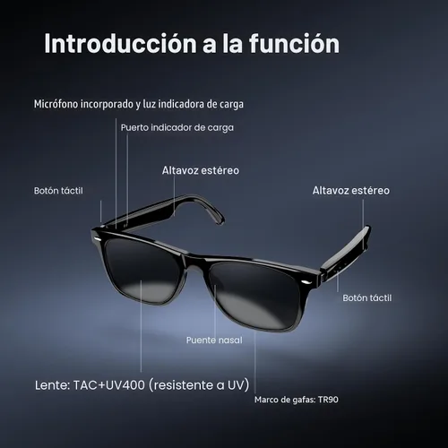 Vista 4 de Blackview Lentes inteligentes, lentes de sol polarizados Bluetooth con altavoz, control de voz, protección UV, lente de luz azul