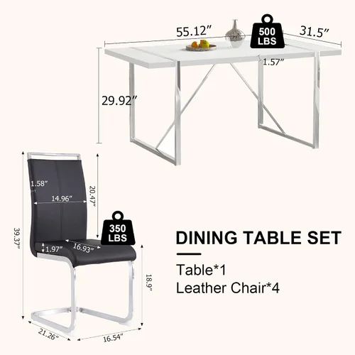 Vista 5 de Juego de mesa de comedor para 4, juego de mesa de cocina moderno con 4 patas de metal tapizadas, juego de mesa de comedor blanco para 4 personas