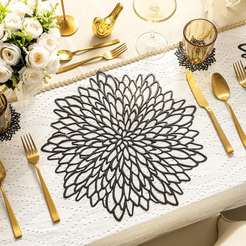 Vista 3 de Juego de 8 manteles individuales negros para mesa, manteles individuales y 8 posavasos modernos para vacaciones, manteles individuales redondos