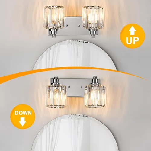 Vista 4 de 2 luces de cristal para tocador de baño, moderna cromada, accesorios de iluminación de baño sobre espejo para espejo base E26