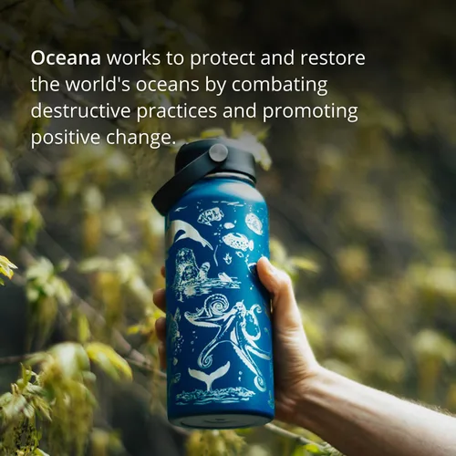 Vista 2 de Oceans - Botella de agua con tapa con pajilla, acero inoxidable grabado de 32 onzas, aislada con correa, temática de océano, mar y playas