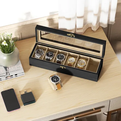 Vista 2 de SRIWATANA Caja de reloj organizadora de 6 ranuras para hombres y mujeres, exhibición de madera con tapa de vidrio, regalos para seres queridos
