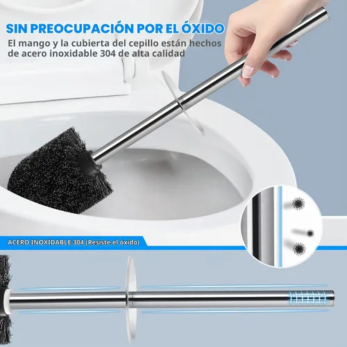 Vista 4 de Juego de escobilla de inodoro y soporte, 2 unidades, escobilla de inodoro con mango largo de acero inoxidable 304, cepillo de inodoro para baño Negro