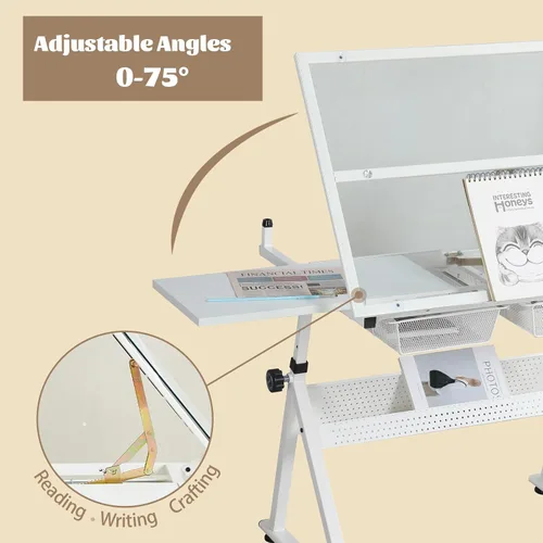 Vista 4 de Escritorio de mesa de dibujo ajustable en altura con taburete, parte superior de vidrio templado Blanco