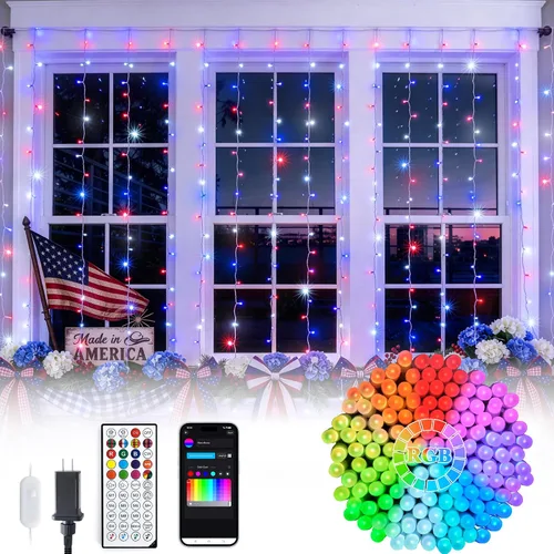 Vista 12 de JMEXSUSS 200 luces LED de cortina rojas, blancas y azules, 6.5 pies x 6.5 pies, 4 de julio, luces USB enchufables, 8 modos patrióticos de cortina