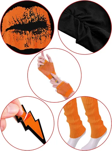 Vista 3 de Blulu 80s Costume Accessories for Women Halloween Outfit Dress Neon Leg Warmers Fishnet Gloves T-shirt Tutu Headband