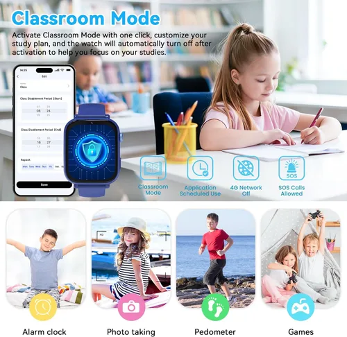 Vista 4 de Reloj inteligente 4G para niños, reloj inteligente para niños y niñas de 4 a 12 años con llamadas, SOS, controles parentales, juegos, cámara