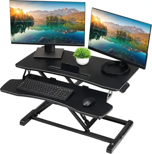 Vista 8 de TechOrbits - Convertidor de escritorio de pie, regulable, para sentarse y pararse, aglomerado, monitor dual con bandeja para teclado, para laptop