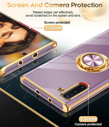Vista 4 de LeYi Funda para Galaxy Note 10: Soporte de anillo giratorio de 360°, soporte magnético, funda protectora con borde de oro rosa chapado