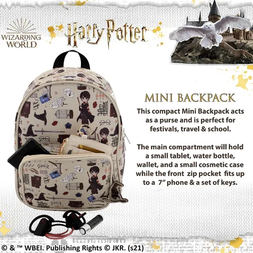 Vista 5 de Harry Potter Wizarding World Magic Mini mochila con estampado de iconos Hogwarts Allover de 10.5 pulgadas, correas ajustables, piel sintética