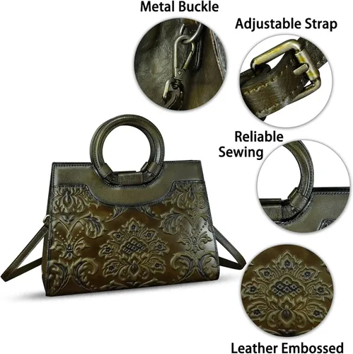 Vista 6 de Monederos y bolsos de cuero genuino para mujer, estilo vintage, de cuero en relieve, bolso cruzado de hombro, bolso con asa superior