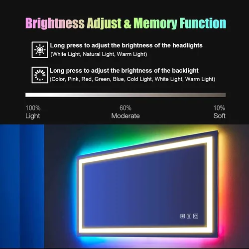 Vista 5 de Espejo de baño LED con retroiluminación RGB, espejo rectangular LED HD con control táctil, antivaho, función de memoria, espejo de maquillaje RGB