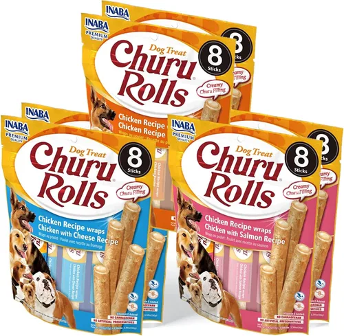 Vista 8 de INABA Churu Rolls - Rollos para perros, sin granos, suaves y masticables al horno envueltos de pollo rellenos de churu, 0.42 onzas cada palito 24
