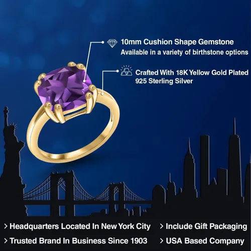 Vista 2 de Gem Stone King 3-5 Cttw Gemstone Birthstone Double Prong Solitaire Ring for Women 18K Yellow Gold Plated Silver Cushion 10MM Anniversary