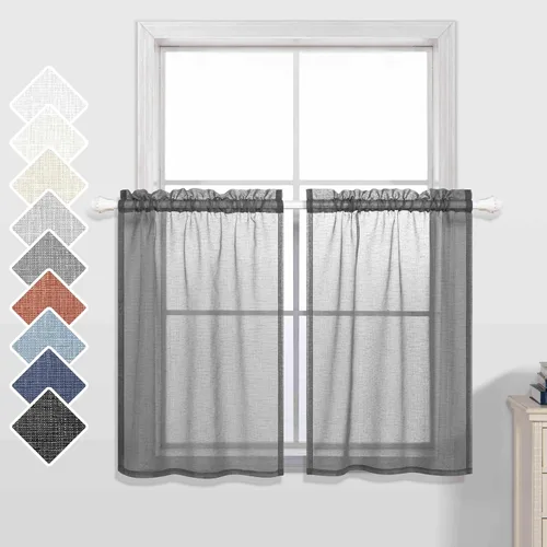 Vista 9 de Cortinas de 24 pulgadas para ventanas de cocina, juego de 2 paquetes de cortinas de café, cortinas traslúcidas color beige crema para ventanas