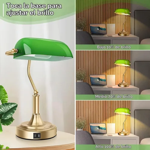 Vista 4 de Lámpara de banqueros con 2 puertos USB, control táctil, lámpara de escritorio de vidrio verde con base de latón, lámpara de escritorio vintage