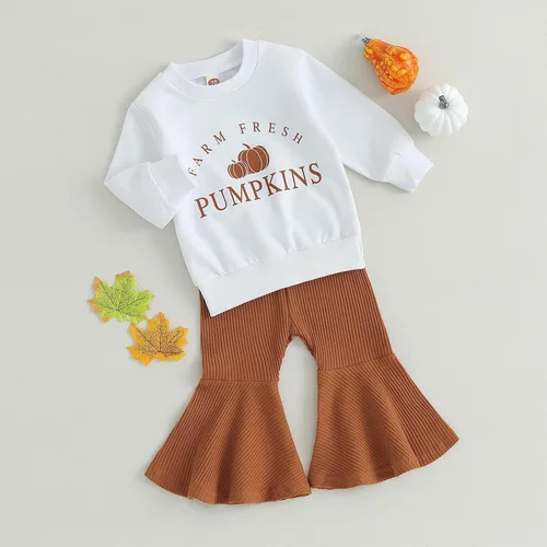 Vista 6 de Wrrkayly Trajes de Halloween para bebés y niñas pequeñas, de manga larga, con volantes de calabaza, sin botones, pantalones acampanados, ropa de bebé