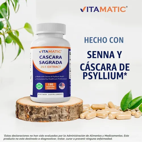 Vista 5 de Vitamatic Cápsulas de Cascara Sagrada - Extracto botánico de cáscara de senna y psyllium - 25X extracto a base de plantas - totalmente natural, sin