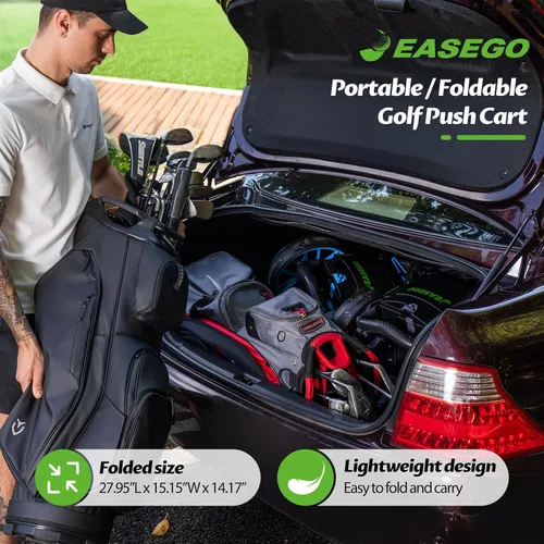 Vista 2 de EASEGO Carrito de golf con 3 ruedas: carrito plegable para bolsa de golf con soporte para teléfono/taza/paraguas, carritos de golf compactos